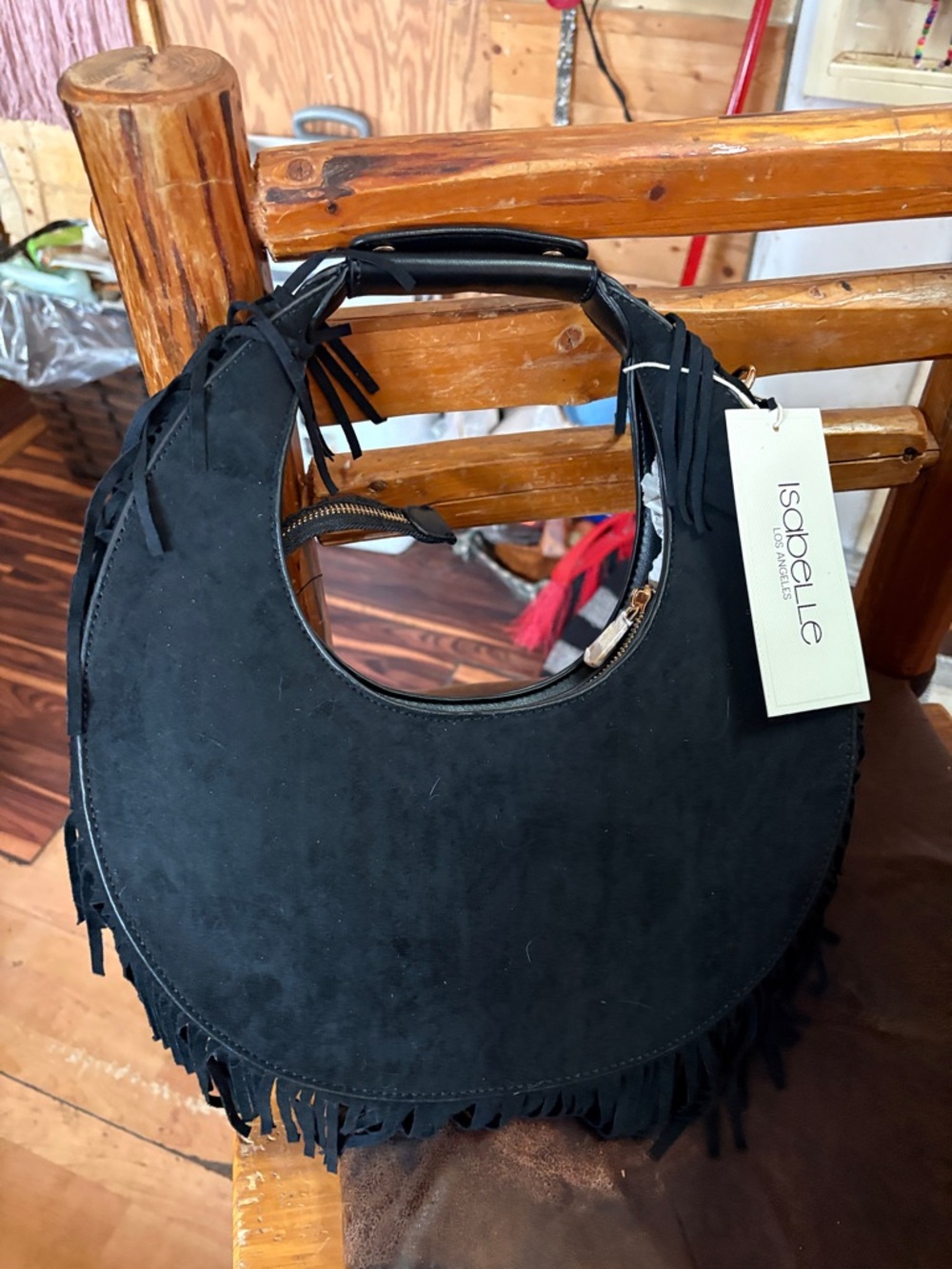 Isabelle Crescent Fringe Suede Shoulder Bag in Black